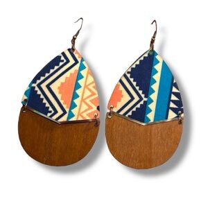 Tribal Aztec Wood Mixed Media Large Tear Drop Shaped Statement Earrings EUC